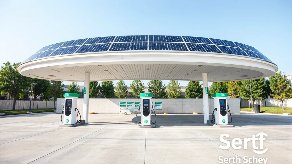 Solar panel array mounted on curved gas station structure with EV charging pedestals below, clean concrete forecourt, modern minimalist design, no signage or text visible, daytime natural lighting, wide angle perspective