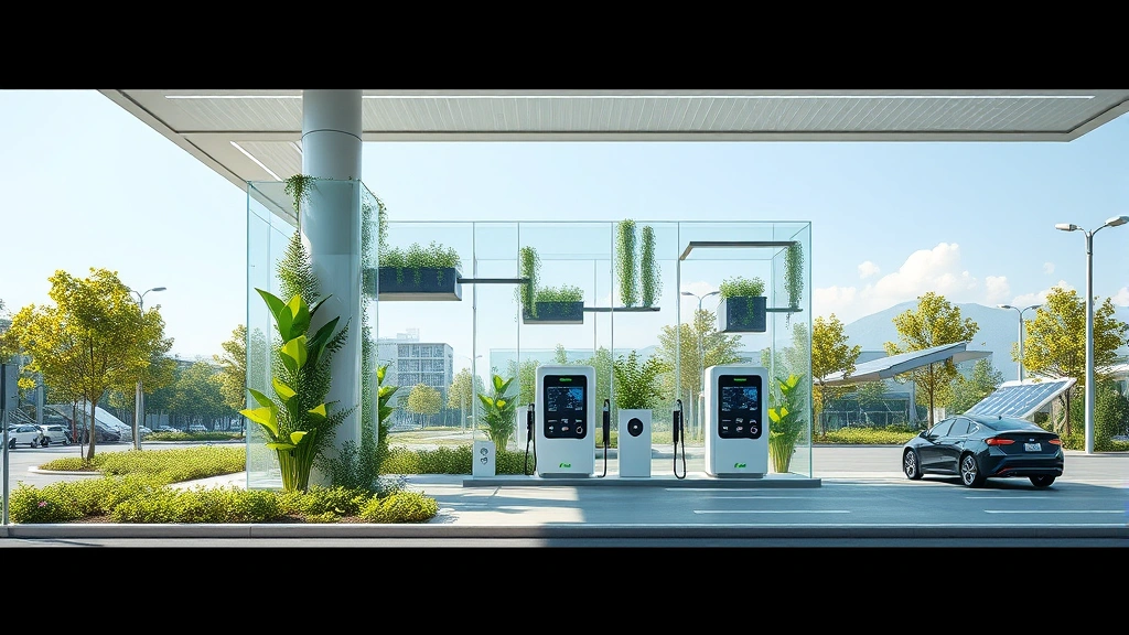 Contemporary futuristic gas station with transparent sustainable design elements, green vegetation integrated into structure, electric vehicle charging stations prominently displayed, renewable energy equipment visible, no people or vehicles present, architectural rendering quality, natural daylight