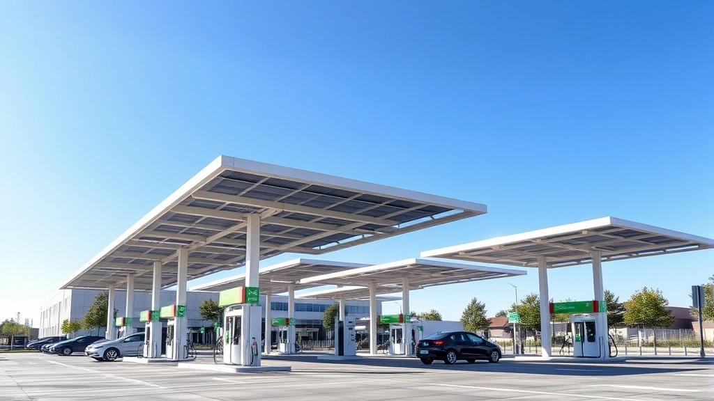 Modern gas station with solar canopy structures over pump islands, blue sky, vehicles refueling beneath renewable energy panels, clean contemporary design with electric vehicle charging stations visible in background