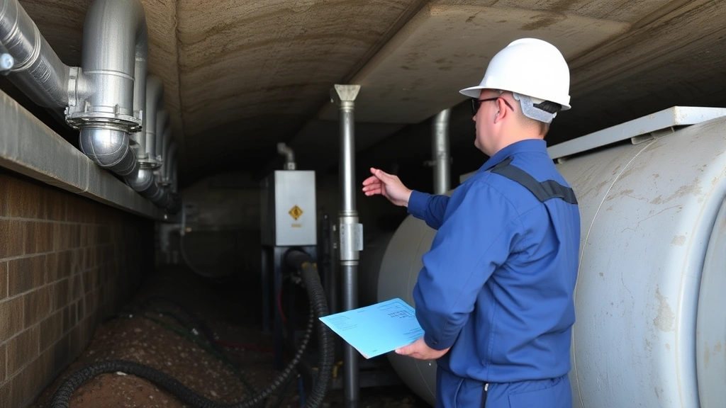 Underground storage tank inspection and maintenance with professional technician checking equipment, safety equipment visible, facility demonstrating environmental compliance and proper tank management practices