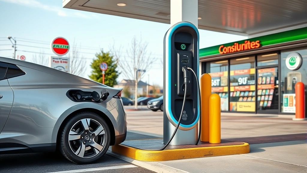 Electric vehicle charging station integrated into gas station forecourt, modern sleek charger design, EV plugged in charging, convenience store visible, daytime setting showing sustainable fuel retail integration