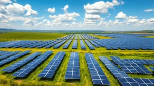 Vast solar farm with hundreds of photovoltaic panels stretching across rolling landscape under bright blue sky with white clouds, vibrant green grass between rows, photorealistic midday lighting