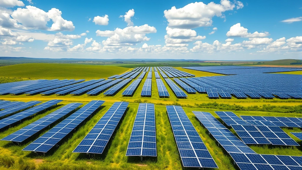 Vast solar farm with hundreds of photovoltaic panels stretching across rolling landscape under bright blue sky with white clouds, vibrant green grass between rows, photorealistic midday lighting