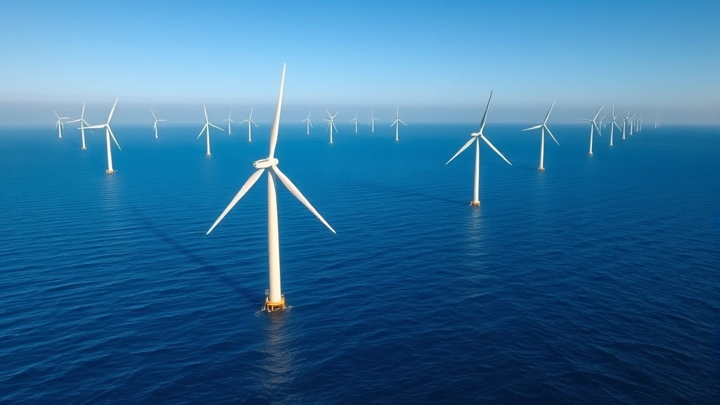 Modern wind turbines in offshore wind farm surrounded by blue ocean water, clear sky, multiple turbines visible at different distances, realistic coastal lighting and water reflections