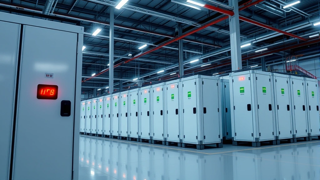 High-tech battery storage facility with rows of large cylindrical lithium-ion battery units in industrial warehouse, LED indicator lights glowing, clean modern environment with professional infrastructure