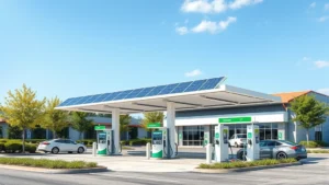 Modern gas station with solar panel canopy over pumps, electric vehicle charging stations, and clean contemporary architecture with green landscaping, daytime sunny conditions, photorealistic