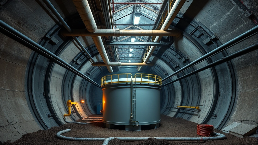 Underground view of double-walled fuel storage tanks with advanced leak detection systems and secondary containment infrastructure, technical industrial setting, professional facility design
