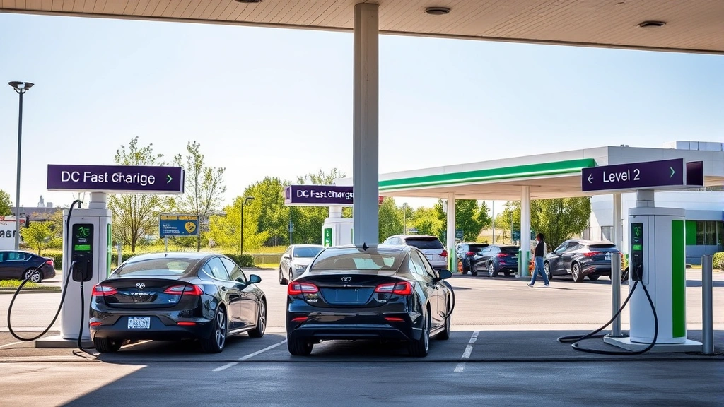 Gas station forecourt featuring multiple DC fast chargers and Level 2 charging stations with parked electric vehicles, modern signage, customers using facilities, bright daylight, sustainable infrastructure demonstration