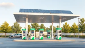 Modern gas station with integrated electric vehicle charging stations, renewable diesel pumps, and solar panels on canopy, daytime, photorealistic, eco-friendly design aesthetic