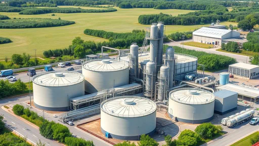 Biodiesel production facility with renewable feedstock storage tanks, processing equipment, and green vegetation surrounding industrial infrastructure