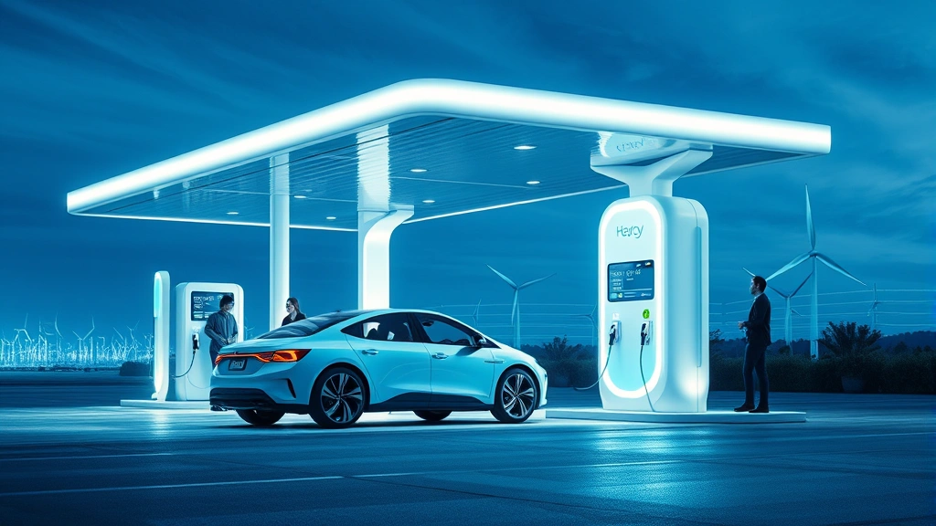Hydrogen fuel station with futuristic design, clean lines, customers refueling hydrogen vehicle, renewable energy sources visible in background