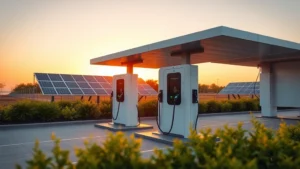 Modern electric vehicle charging station with multiple ports during sunset, clean minimalist design, surrounded by green vegetation and solar panels visible in background, photorealistic