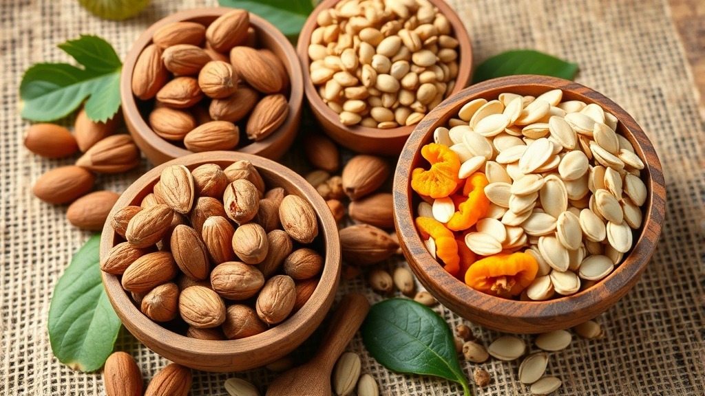 Vibrant assortment of fresh nuts, seeds, and dried fruits in wooden bowls on sustainable burlap background, natural lighting, close-up detail showing almonds, walnuts, pumpkin seeds, and sunflower seeds