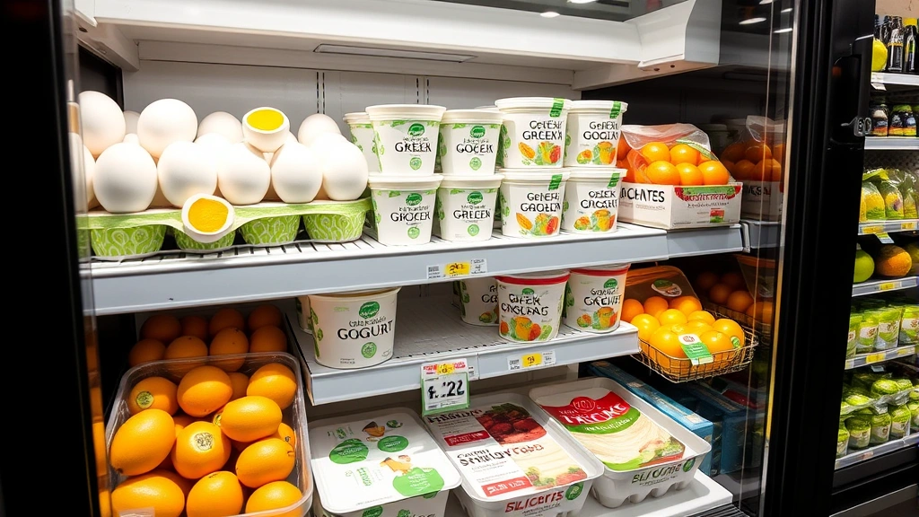 Modern convenience store refrigerated section displaying fresh hard-boiled eggs, Greek yogurt cups, string cheese, and fresh fruit in eco-friendly packaging with bright natural lighting