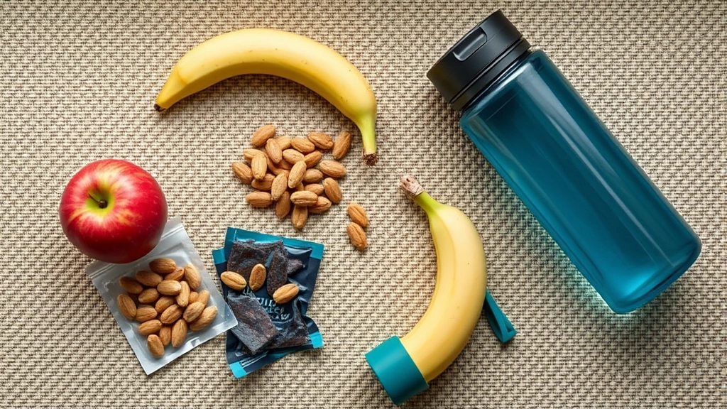 Overhead flat lay of healthy portable snacks including fresh apple, banana, handful of mixed nuts, beef jerky, and reusable water bottle on sustainable natural fiber surface with soft natural window light