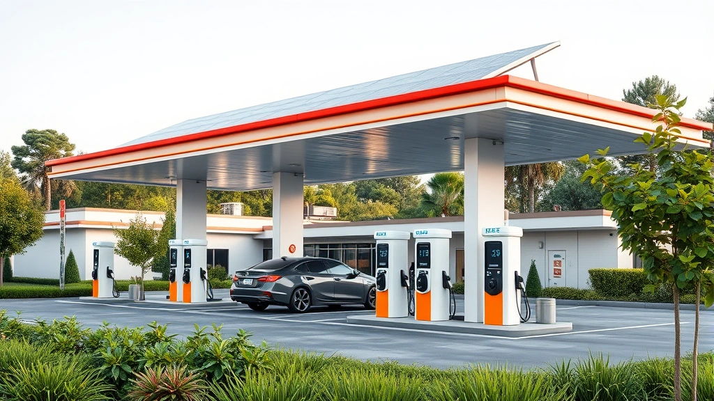 Modern gas station with solar panels on roof, electric vehicle charging stations integrated alongside traditional pumps, lush green landscaping, sustainable architecture, daytime lighting, no signage or text visible