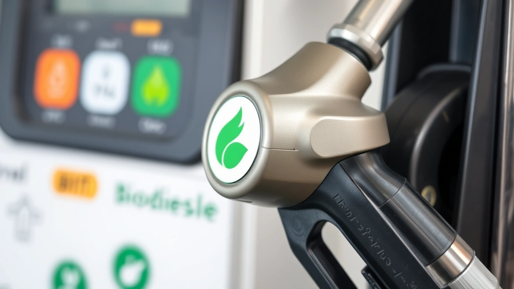 Close-up of biodiesel pump nozzle with renewable fuel symbol, clean stainless steel design, hands-free operation, eco-conscious branding elements subtle in background, professional fuel station environment