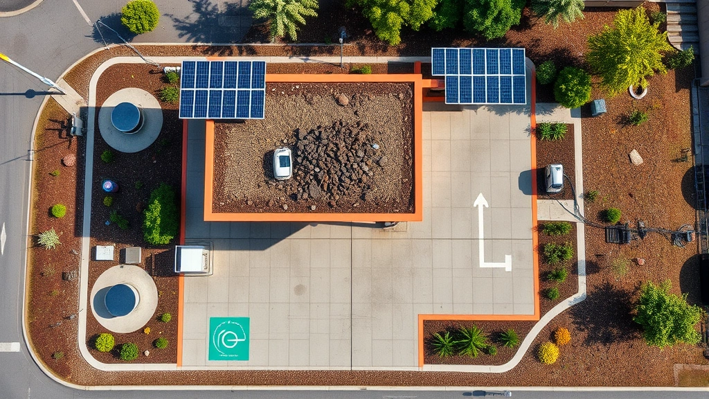 Overhead view of eco-friendly gas station with rainwater collection systems, permeable paving surfaces, native plantings, electric vehicle charging bays clearly visible, solar panel arrays, sustainable infrastructure elements prominent
