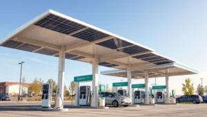 Modern gas station with solar panels on canopy, electric vehicle charging stations visible, clean contemporary design, daytime with clear sky, showing sustainable energy integration