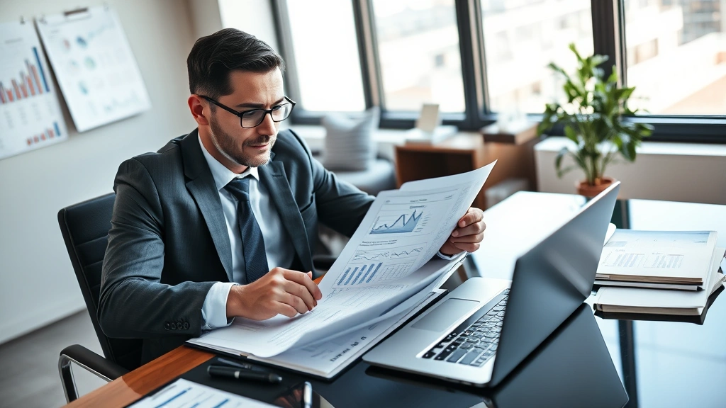 Professional businessman in business casual attire reviewing property documents and financial statements at desk with laptop and spreadsheets, focused analytical work