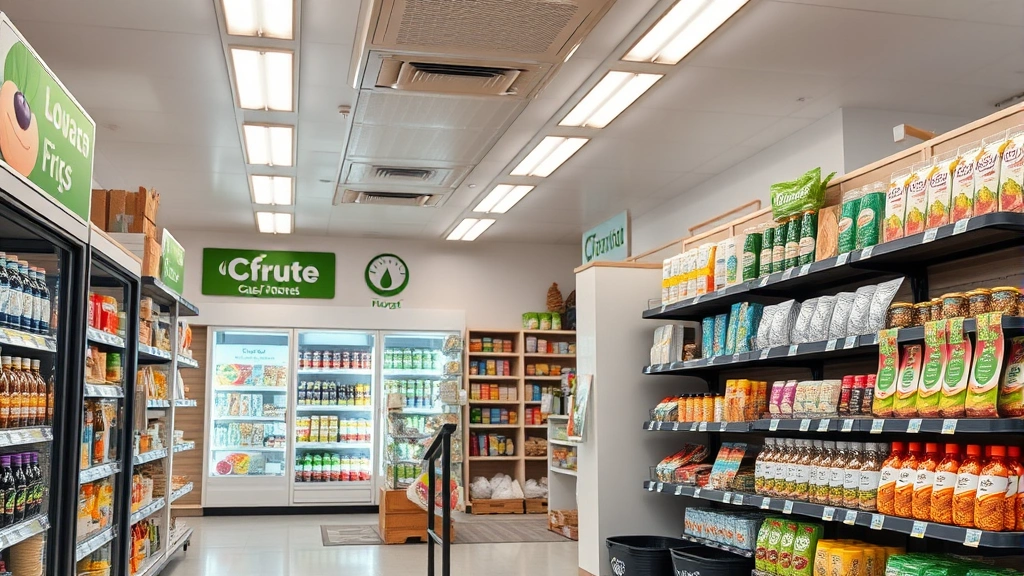 Gas station convenience store interior with eco-friendly product displays, organic items and sustainable packaging prominently featured, bright modern lighting, organized shelving