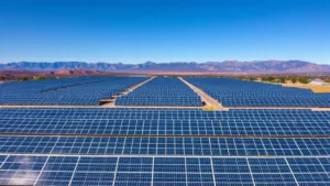 Aerial view of sprawling solar panel farm with mountains in background, clean renewable energy infrastructure under blue sky, no text or signage visible