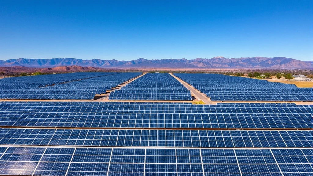 Aerial view of sprawling solar panel farm with mountains in background, clean renewable energy infrastructure under blue sky, no text or signage visible