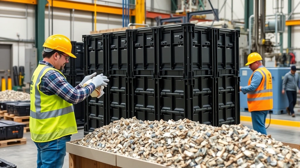 Modern EV battery pack being recycled at industrial facility, workers in safety gear handling materials, circular economy process in action, no visible labels