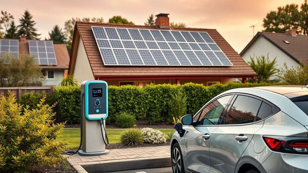 Electric vehicle charging at home with rooftop solar panels visible, sustainable residential energy setup, peaceful suburban setting with green landscaping