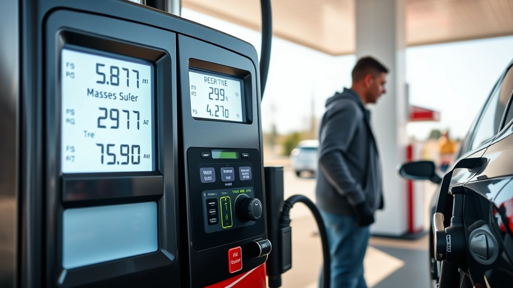 Modern digital air pump at gas station with bright LED display showing tire pressure readings, customer in background checking vehicle tire, sunny daytime, clean fuel station environment
