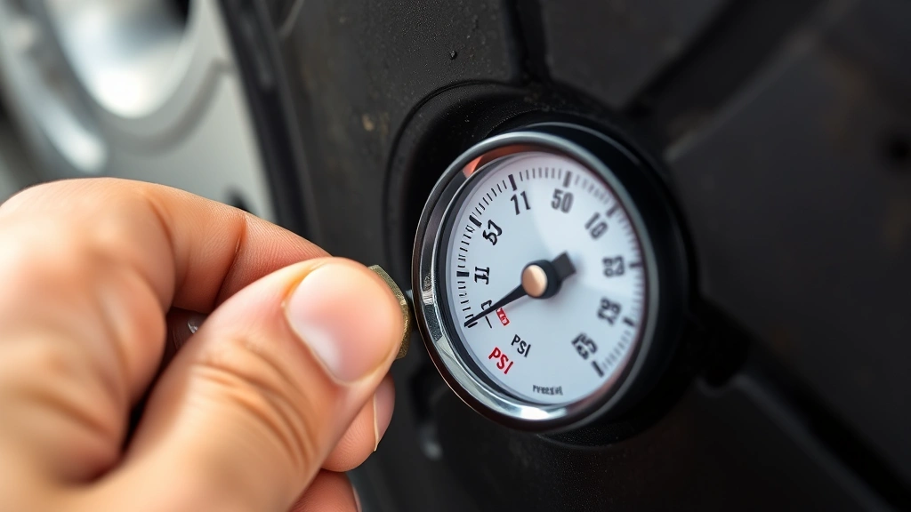 Close-up of tire pressure gauge showing PSI measurement, person's hand adjusting valve stem on vehicle tire, clear numerical display visible, professional automotive maintenance scene