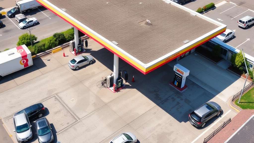 Aerial view of busy gas station with multiple fuel pumps and air station equipment, vehicles parked, bright daylight, clean organized facility with clear signage and customer service area