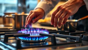Professional chef cooking with flames on a gas stovetop, close-up of hands adjusting burner heat with visible blue flame, stainless steel cookware, warm kitchen lighting, photorealistic