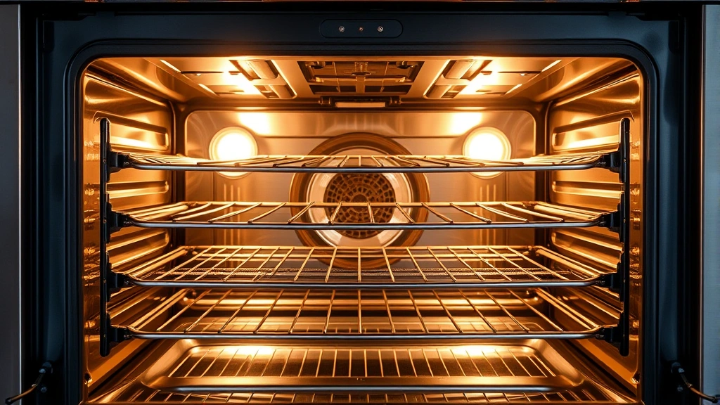 Modern electric convection oven interior with multiple racks, bright LED lighting showing even heat distribution, sleek stainless steel design, open oven door revealing cooking space
