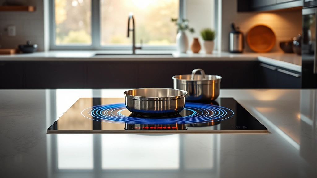Modern kitchen with sleek induction cooktop showing blue electromagnetic rings heating stainless steel cookware, warm natural lighting from window, minimalist sustainable design aesthetic