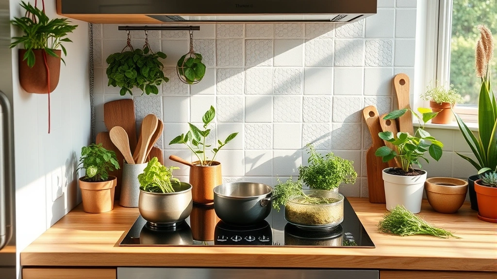 Eco-conscious kitchen workspace featuring electric cooktop with eco-friendly cookware, potted herbs and sustainable kitchen materials, natural daylight, emphasizing green living