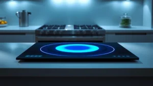 Modern induction cooktop with soft blue electromagnetic glow, sleek kitchen background, no text or labels, professional cooking environment