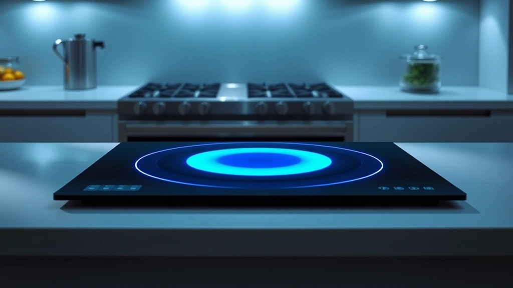 Modern induction cooktop with soft blue electromagnetic glow, sleek kitchen background, no text or labels, professional cooking environment