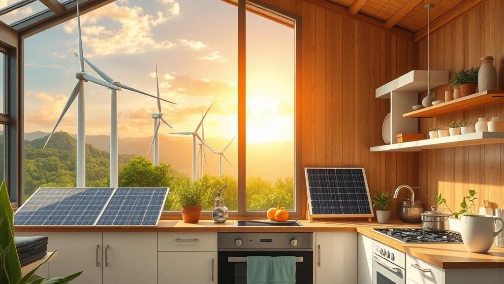Renewable energy wind turbines and solar panels powering a bright, sustainable kitchen with electric cooking appliances, nature integration