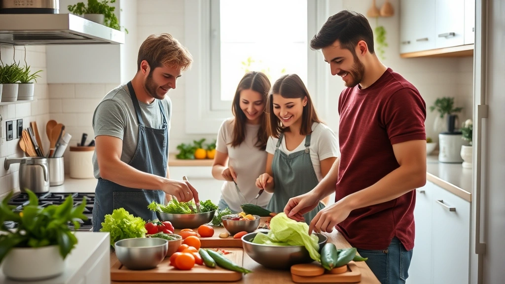 Family cooking together at a clean, efficient kitchen with natural light, healthy food preparation, sustainable home environment