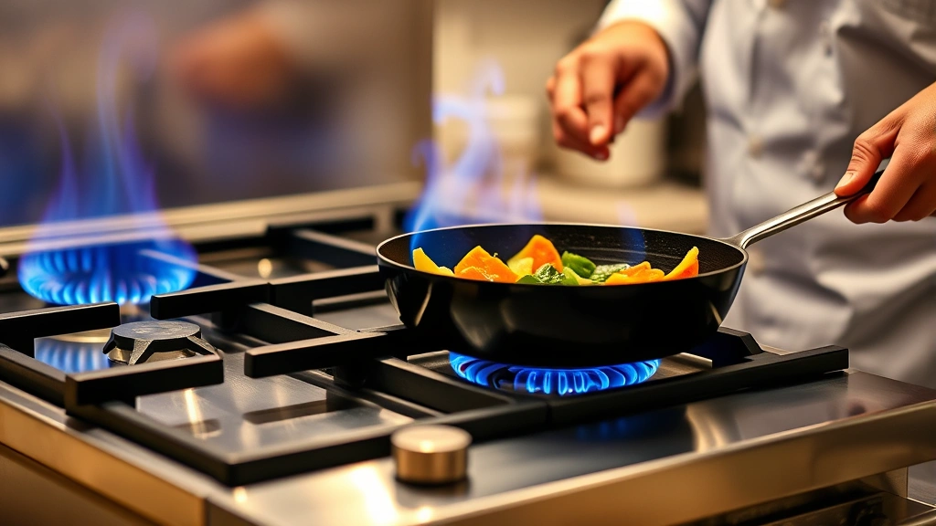 Professional chef cooking on modern stainless steel gas stove with blue flames, vegetables sizzling in cast iron skillet, warm kitchen lighting, focus on burner efficiency and heat distribution, no visible text or labels