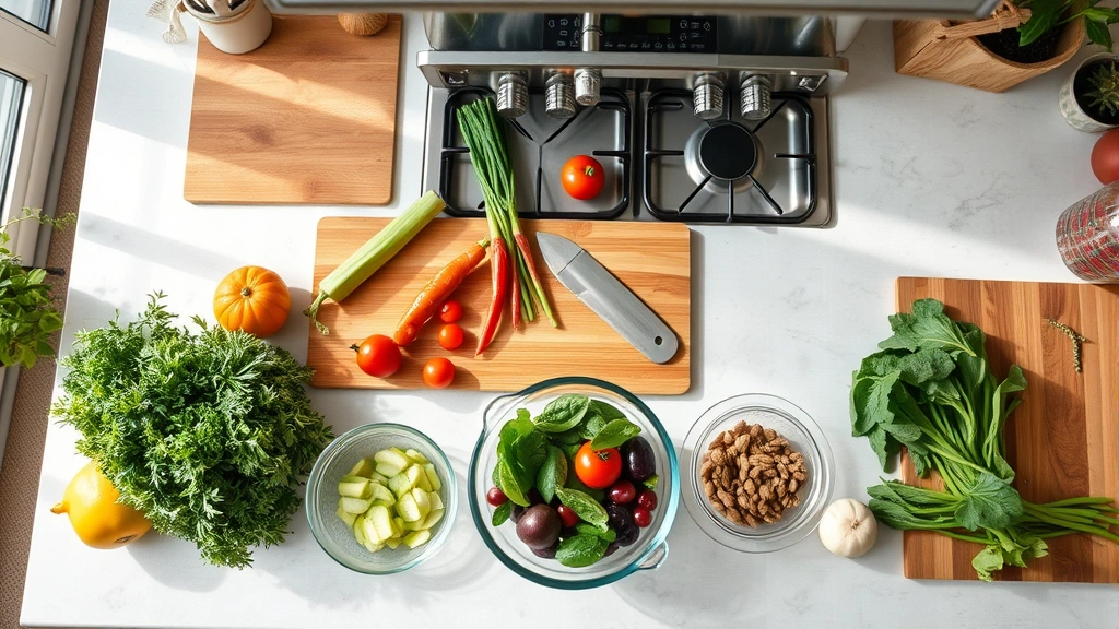 Overhead view of sustainable kitchen workspace with fresh locally-sourced produce, glass bowls, wooden cutting board, gas stove visible in background, natural daylight streaming through windows, eco-conscious cooking setup