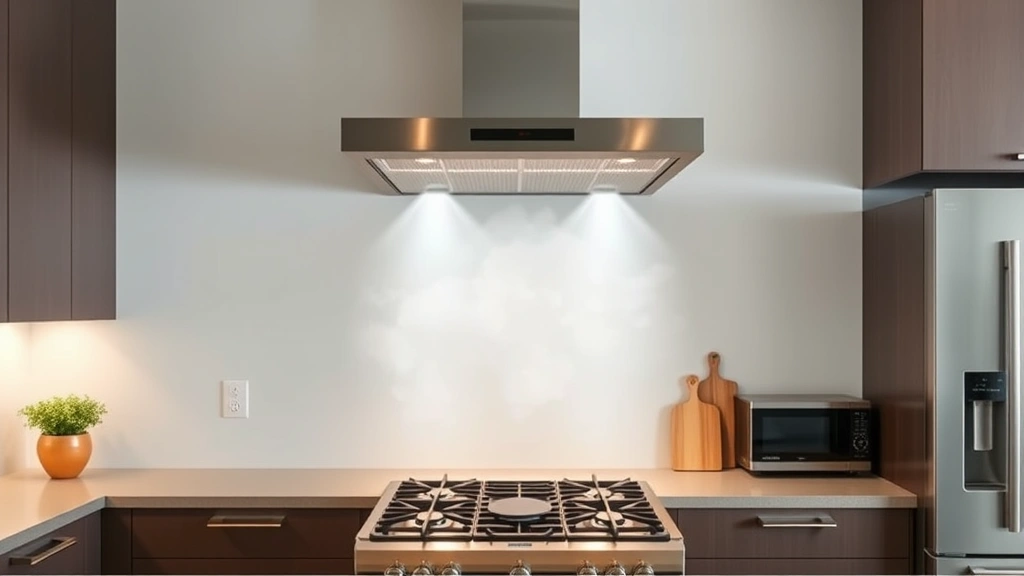 Modern kitchen with range hood ventilation system actively operating above gas cooktop, stainless steel appliances, clean minimalist design, air flow visualization suggested through subtle steam movement, contemporary sustainable home environment