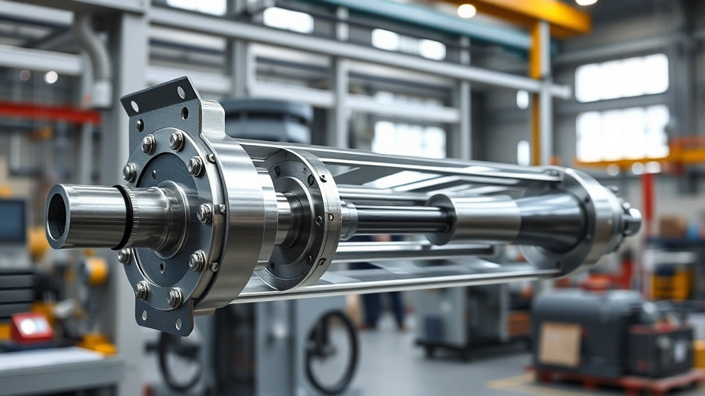 Industrial gas strut cylinder assembly in stainless steel, cross-sectional view showing internal piston and pressurized chamber, mounted in modern manufacturing facility with natural lighting, photorealistic technical detail