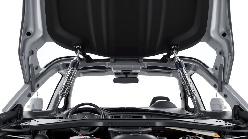 Modern automotive hood mechanism using gas struts for smooth operation, showing installation in vehicle frame with surrounding components, demonstrating real-world engineering application in sustainable product design