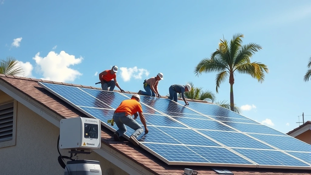 Diverse group installing rooftop solar panels on residential home in Tampa neighborhood, bright sunshine, palm trees visible, modern equipment