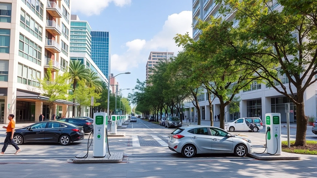 EV charging station network in downtown Tampa urban plaza, multiple vehicles charging, pedestrians walking, trees and green spaces integrated into streetscape