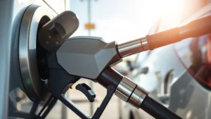 Close-up of modern fuel pump nozzle dispensing gasoline into car tank at sunny gas station, showing metallic pump mechanism and vehicle exterior, photorealistic detail