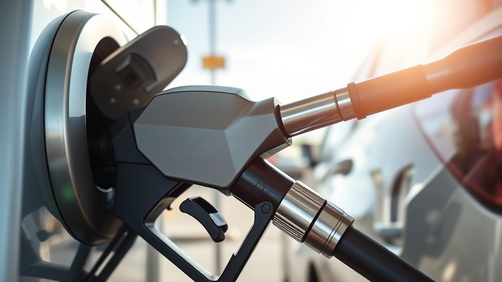 Close-up of modern fuel pump nozzle dispensing gasoline into car tank at sunny gas station, showing metallic pump mechanism and vehicle exterior, photorealistic detail