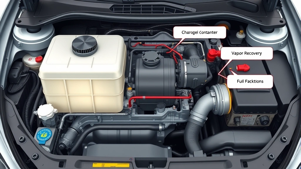 Cutaway technical illustration showing internal fuel tank components including charcoal canister and vapor recovery system in automotive engine bay, clean industrial aesthetic